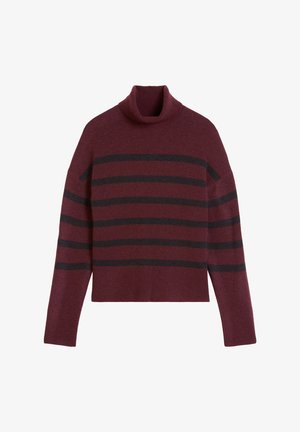 Bordeaux coltrui met zwarte horizontale strepen. Heeft een ontspannen pasvorm en een zachte textuur. Crop-design met lange mouwen.