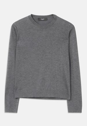 Pull gris à manches longues en tissu tricoté doux. Présente un col rond, des poignets et un ourlet côtelés, avec une coupe décontractée et une construction sans couture.