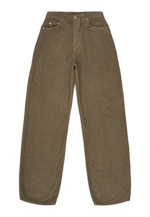 Pantalones de pana en verde oliva, con una cintura alta, corte recto, diseño de cinco bolsillos y textura acanalada visible.