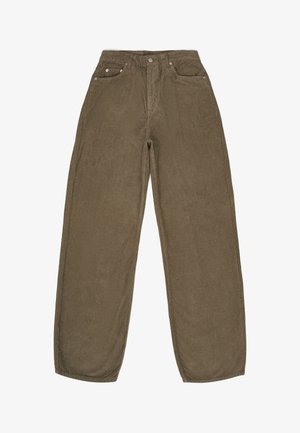 Corduroy pants in olive green, featuring a high waist, straight-leg cut, five-pocket design, and visible ribbed texture.