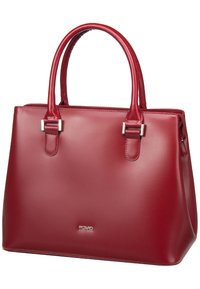 Rode leren handtas met een gladde textuur, gestructureerde vorm, twee handvatten en zilverkleurige accenten. Logo zichtbaar aan de voorkant.