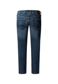 Donkerblauwe spijkerbroek met een rechte pijpdesign, vijf zakken en zichtbare stiksels. Leren label op de achterkant van de tailleband.