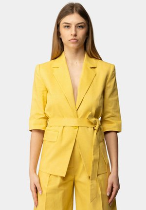 Giovane donna con i capelli lunghi che indossa un blazer giallo con cintura e pantaloni a gamba larga abbinati su uno sfondo semplice.