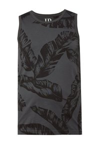 Bezramenné, tmavě šedé tričko s černými tropickými listy; vyrobeno z měkké tkaniny, s kulatým výstřihem a volným střihem.