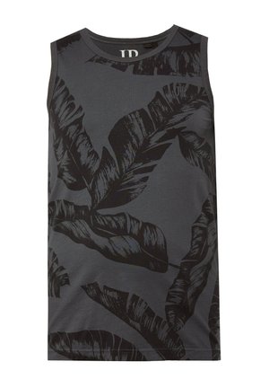 Ärmelloses, dunkelgraues Tanktop mit schwarzen tropischen Blattmustern; aus weichem Stoff gefertigt, mit Rundhalsausschnitt und lässiger Passform.
