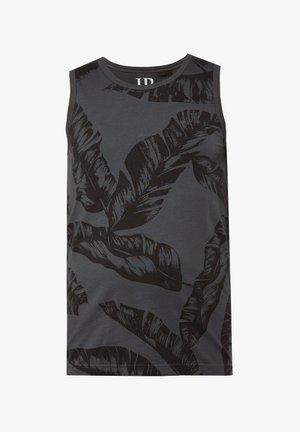 Canotta senza maniche di colore grigio scuro con stampe di foglie tropicali nere; realizzata in tessuto morbido, presenta un colletto rotondo e una vestibilità casual.