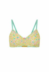 Bralette en dentelle jaune orné d'un motif floral rose et bleu. Présente des bretelles vert menthe et des bords festonnés.