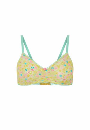 Lace-Bralette in Gelb, verziert mit einem floralen Muster in Pink und Blau. Mit mintgrünen Trägern und gewellten Kanten.