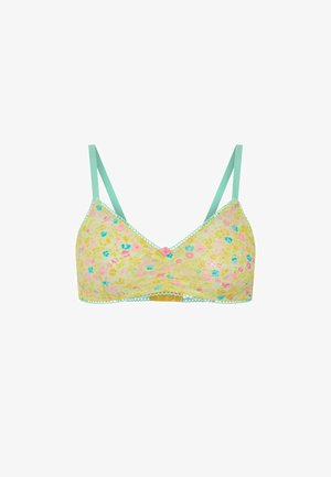 Bralette en dentelle jaune orné d'un motif floral rose et bleu. Présente des bretelles vert menthe et des bords festonnés.