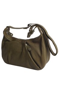 Borsa a tracolla in pelle verde oliva con finitura texture, dotata di un scomparto principale e due tasche con zip, oltre a spallacci regolabili.