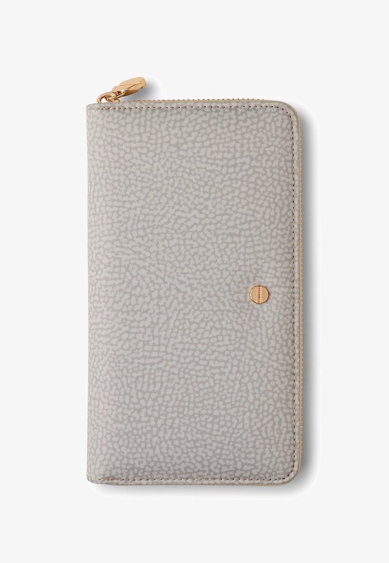 Grau strukturiertes Portemonnaie mit einem dezenten Muster, goldfarbener Hardware und einem Reißverschluss. Verfügt über ein kleines Logodetail auf der Vorderseite.