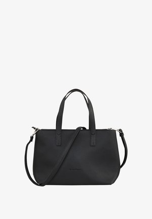 Schwarze Lederhandtasche mit strukturiertem Finish, zwei oberen Griffen und einem verstellbaren Schulterriemen. Verfügt über einen Reißverschluss und minimalem Branding.