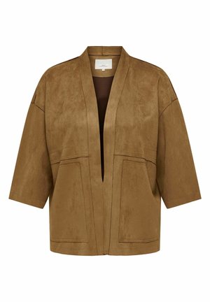 Braune Wildlederjacke mit offenem Vorderteil, weiten dreiviertellangen Ärmeln, zwei großen vorderen Taschen und kragenlosem Design.