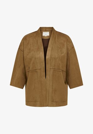 Barna szarvasbőr nyitott elülső dzseki széles, háromnegyedes ujjakkal és két nagy elülső zsebbel, gallér nélküli kialakítás.