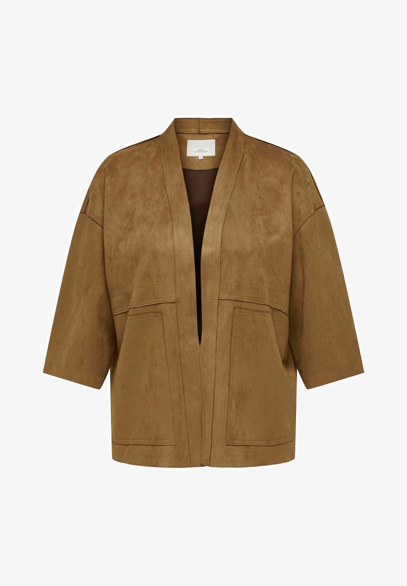 Rudos spalvos zomšinė atverčiama striukė plačiomis trijų ketvirčių rankovėmis ir dviem didelėmis priekinėmis kišenėmis, be apykaklės.