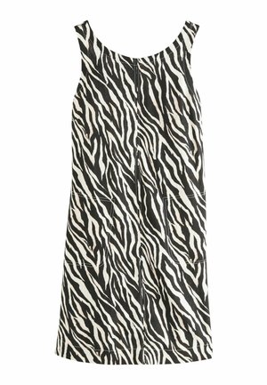 Rochie fără mâneci, cu imprimeu zebra alb-negru, având un decolteu rotund și două buzunare frontale. Fabricată dintr-un material ușor, cu cusături vizibile.