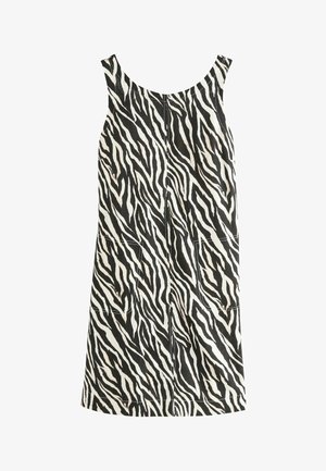 Rochie fără mâneci, cu imprimeu zebra alb-negru, având un decolteu rotund și două buzunare frontale. Fabricată dintr-un material ușor, cu cusături vizibile.