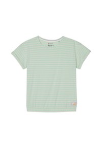 Miętowa koszulka z krótkim rękawem w białe poziome paski, z elastycznym dołem, okrągłym dekoltem i małą łatą z logo z przodu, w lewym dolnym rogu.