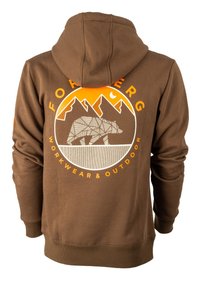 Felpa marrone con un grafica di un orso geometrico, montagne e un sole arancione. Realizzata in tessuto morbido, con cappuccio regolabile.