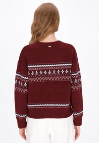 Bordowy sweter dziany z wzorzystym karczkiem, zdobiony białymi, czarnymi i niebieskimi akcentami. Luźny krój z ściągaczami przy mankietach i u dołu.