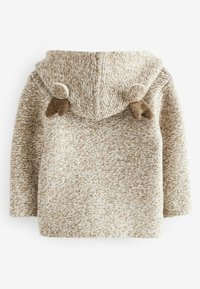 Gebreide beige en bruine hoodie met een zachte textuur, dierenoren op de kap en een relaxte, losse vorm.