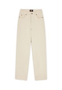 Pantalones de algodón beige con corte recto, dos bolsillos frontales y cierre de botón. Cuenta con cinco pasadores para el cinturón y detalles de costura sutiles.