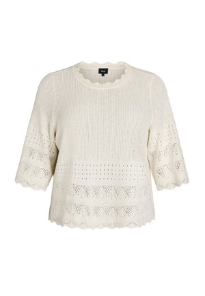 Kremasto pleten pulover z nazobčanimi robovi, kratkimi rokavi in teksturiranimi vzorci odprte pletenine na rokavih in spodnjem robu.
