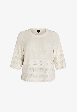 Krémový pletený sveter so zaoblenými okrajmi, krátkymi rukávmi a textúrovanými vzormi otvorenej práce na rukávoch a spodnom okraji.