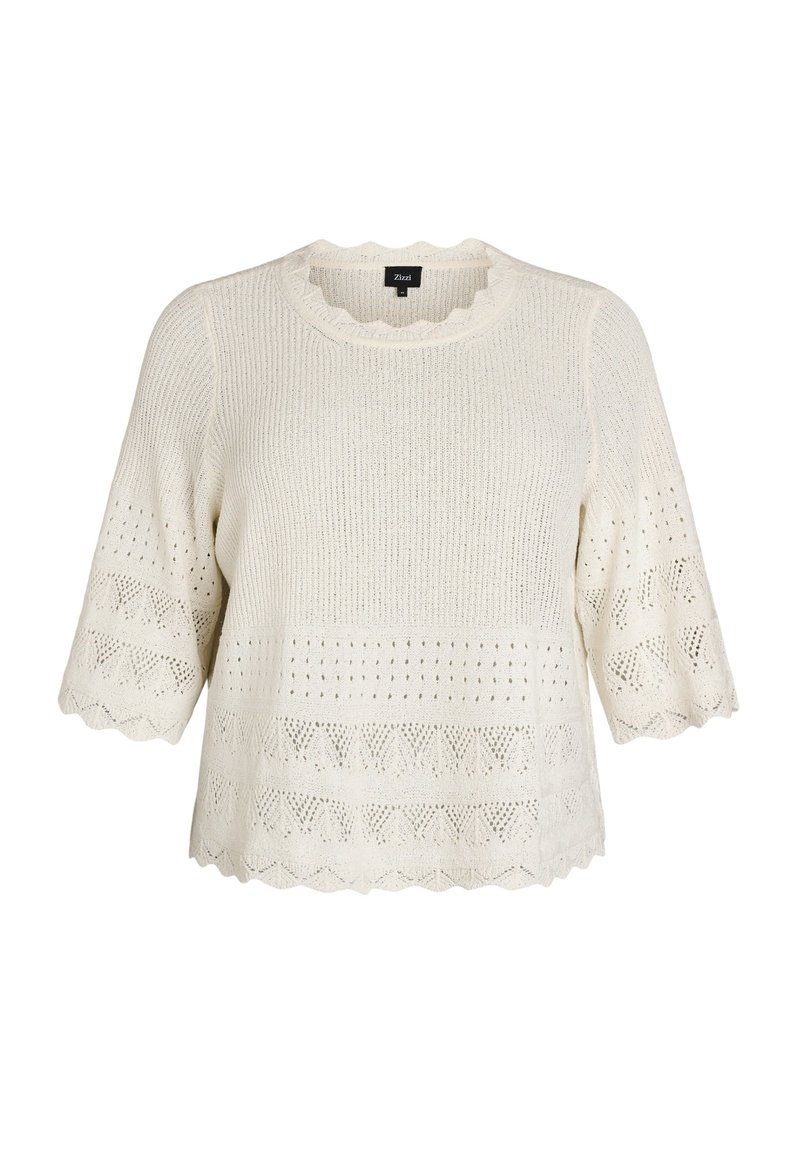 Krémový pletený svetr s obloukovými okraji, krátkými rukávy a texturovanými vzory otevřeného háčkování na rukávech a lemu.