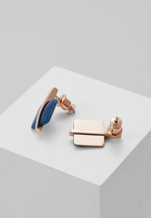 Oorbellen van roségoud met blauwe emaillen details, waarbij de ene de voorkant toont en de andere de achterkant met een vlinderklem, op een witte ondergrond.