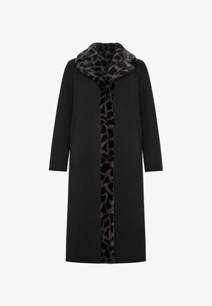 Zwarte lange jas met een lederen kraag en voorpaneel met luipaardprint, voorzien van zijzakken en een slanker, recht silhouet.