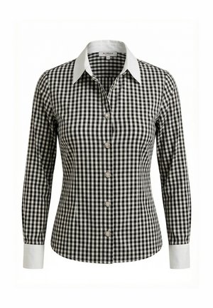 Chemise à manches longues à carreaux noir et blanc avec col pointu blanc et poignets, ornée de boutons circulaires décoratifs sur le devant.