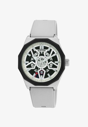 Achtkantige Uhr mit einem silbernen Metallgehäuse, schwarzem Lünette, weißem Ziffernblatt, grauem Gummiband und auffälligen, schwarzen Stundenmarkierungen. Verfügt über eine Datumsanzeige.