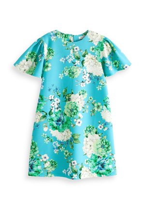 Robe bleue à manches courtes avec imprimé floral vert et blanc, col rond et manches légèrement bouffantes.