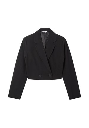Blazer nero cropped con un design strutturato, ampi rever e due bottoni davanti, con maniche lunghe e texture liscia.