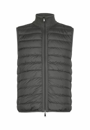 Ciemnoszara pikowana kamizelka bez rękawów z prążkowanym, wysokim kołnierzem i zamkiem błyskawicznym z przodu, zaprojektowana z myślą o ciepłu i warstwowaniu.