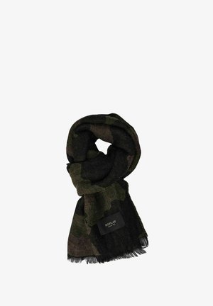Sciarpa a motivo verde e nero, realizzata in tessuto morbido, con estremità sfrangiate e un'etichetta nera con testo bianco su un lato.
