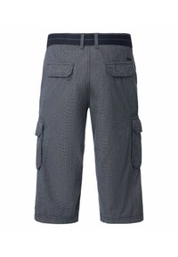 Dunkelgraue Cargo-Shorts mit strukturiertem Muster, ausgestattet mit zwei Seitentaschen und zwei Gesäßtaschen, elastischem Bund mit blauen Akzenten.