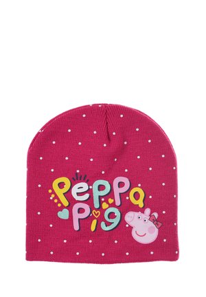 Rosa Strickmütze mit weißen Punkten, die ein buntes "Peppa Wutz"-Design und eine Charakterillustration auf der Vorderseite zeigt.