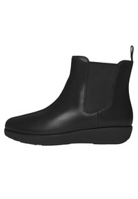 Schwarze Ankle Boots aus glattem Leder mit elastischen Seitenpanelen. Verfügt über eine abgerundete Zehenpartie, eine Zuglasche und eine niedrige, gepolsterte Sohle.