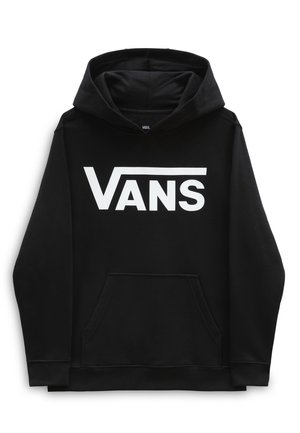 Hoodie noir en coton avec une poche frontale, un grand logo "VANS" blanc et une capuche avec cordon de serrage, présentant des poignets et un ourlet à côtes.