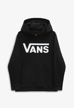 Sudadera negra de algodón con un bolsillo frontal, un gran logo blanco de "VANS" y capucha con cordón, que presenta puños y dobladillo acanalados.