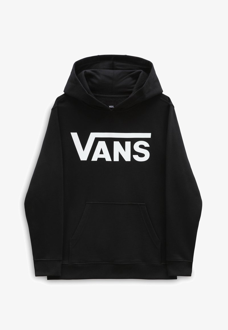 Hoodie noir en coton avec une poche frontale, un grand logo "VANS" blanc et une capuche avec cordon de serrage, présentant des poignets et un ourlet à côtes.