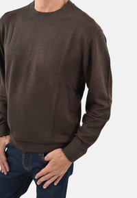 Maglione marrone lavorato a maglia con motivo geometrico testurizzato, scollo rotondo e polsini a coste, abbinato a jeans blu scuro.