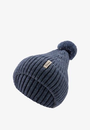 Knitted dark blue beanie hat with vertical ribbed texture and a pom-pom on top; features a small beige tag with brand name.