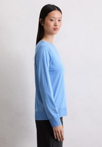 Helles blaues Langarmoberteil mit Rundhalsausschnitt und gerippten Bündchen; glatte Textur und figurbetonter Schnitt; über dunklen Hosen getragen.