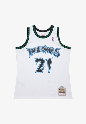 Maillot de basket-ball blanc avec des finitions en vert et noir, portant l'inscription "Timberwolves" en bleu et le numéro de joueur "21" en noir, fabriqué en tissu en mesh.