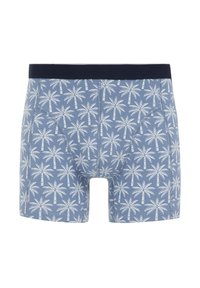 Modre bokserice z belim vzorcem palm. Mehka tkanina z mornarsko modrim pasom. Prilagojena oblika s standardno dolžino nogavice.