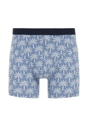 Blauwe boxershorts met een wit palmbomenpatroon. Zachte stof met een marineblauwe tailleband. Aansluitende pasvorm met een standaard beenlengte.