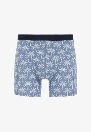 Blauwe boxershorts met een wit palmbomenpatroon. Zachte stof met een marineblauwe tailleband. Aansluitende pasvorm met een standaard beenlengte.